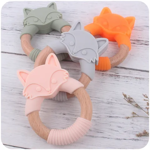 Anneau de Dentition Bébé Renard en Silicone et Bois de Hêtre Jouet Apaisant pour Nourrisson