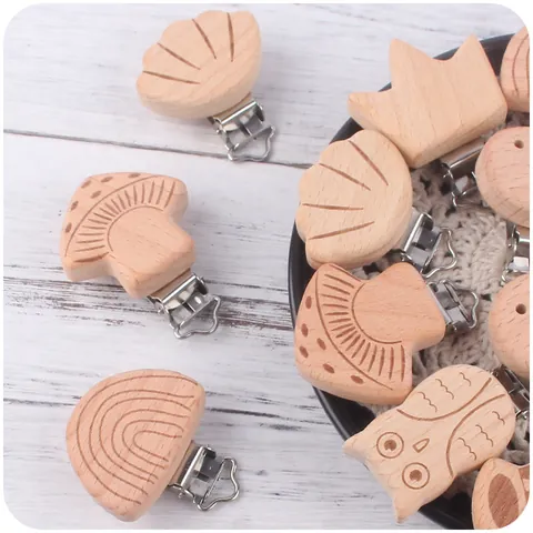 Natural Beech Wood Baby Pacifier Clip Cartoon Animal Whale Crown Mushroom Soother Holder Safety Wood Clip Accessories