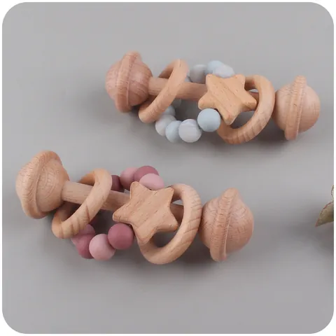 Beech Wood And Silicone Star Baby Rattle Teether Toy For Infant Grip Training And Teething Relief Montessori Style Natural Material Toy