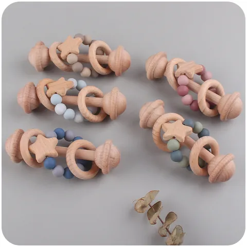 Beech Wood And Silicone Star Baby Rattle Teether Toy For Infant Grip Training And Teething Relief Montessori Style Natural Material Toy