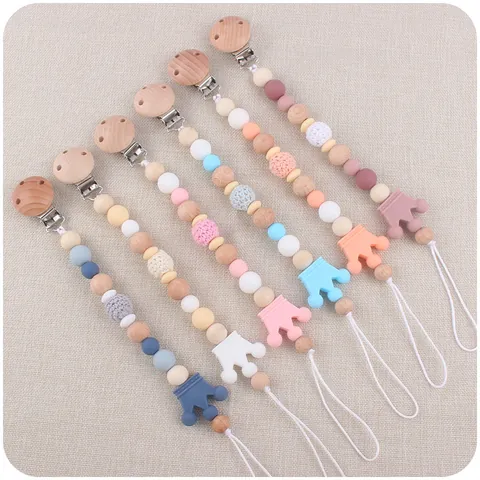 Baby Pacifier Clip Silicone Beads Beech Wood Anti-Drop Chain Cartoon Crown Soothing Teether Chain For Newborn Infant Accessory
