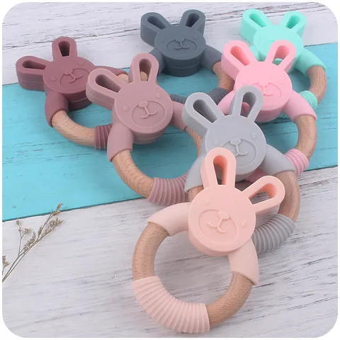 Cartoon Rabbit Baby Teether Silicone And Natural Beech Wood Ring BPA Free Infant Soothing Toy For Teething Grasping Training