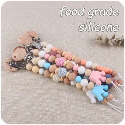 Baby Pacifier Clip Silicone Beads Beech Wood Anti-Drop Chain Cartoon Crown Soothing Teether Chain For Newborn Infant Accessory