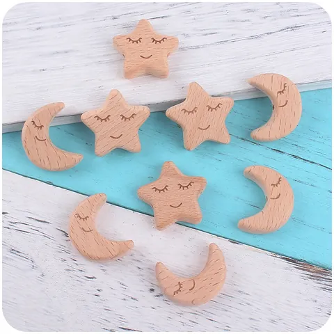 Natural Beech Wood Star Moon Smiley Face Beads Baby DIY Pacifier Chain Teether Bracelet Handmade Wooden Charms Accessory
