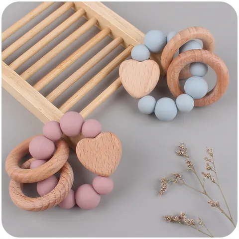Baby Teether Bracelet Silicone Beads Beech Wood Heart Rattle Toy For Infant Grasping Sensory Training Teething Relief