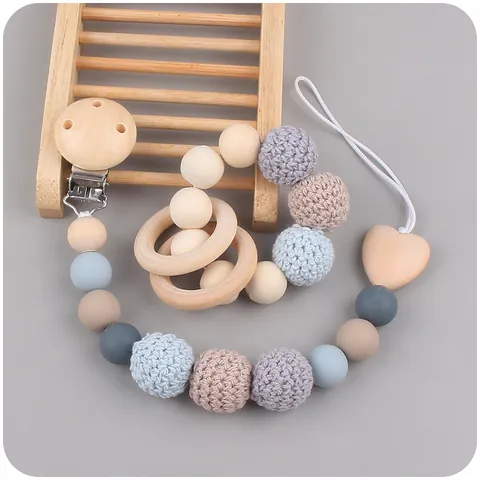 Handmade Wood Baby Pacifier Clip Chain And Silicone Beads Crochet Ball Teether Set Natural Soothing Toy For Infants Toddlers