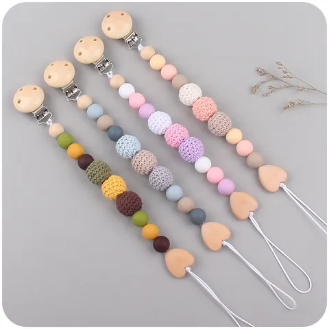 Handmade Wood Baby Pacifier Clip Chain And Silicone Beads Crochet Ball Teether Set Natural Soothing Toy For Infants Toddlers