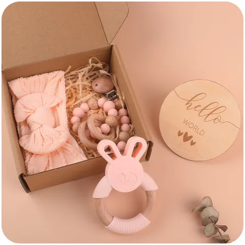 Baby Teether Gift Set Silicone Bunny Teether Beech Wood Pacifier Clip Bow Headband Milestone Card Soothing Newborn Toy Set
