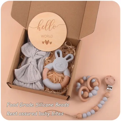 Baby Teether Gift Set Silicone Bunny Teether Beech Wood Pacifier Clip Bow Headband Milestone Card Soothing Newborn Toy Set