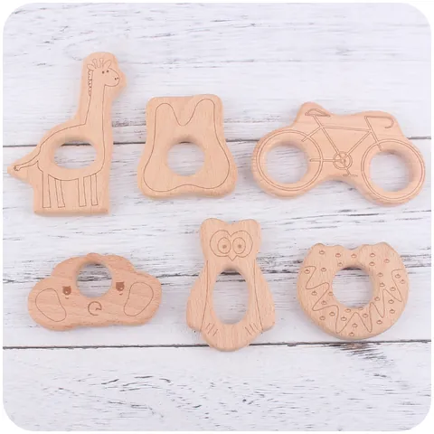 Natural Beech Wood Baby Teether Cartoon Animal Shape Wooden Molar Toy For Infants Newborns Grasping Ring Gift