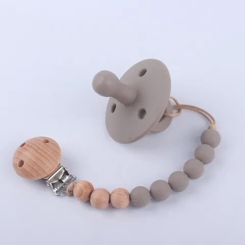 Baby Silicone Pacifier And Wooden Bead Pacifier Clip Set Morandi Color Soother Teether Chain For Toddler Infant