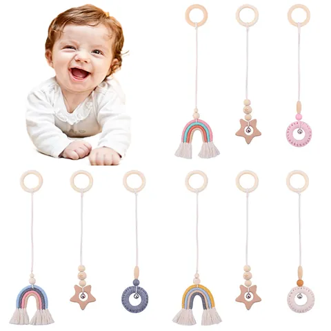 Pendentifs de Gymnastique pour Bébé Bois de Hêtre Corde de Coton Macramé Arc-en-ciel Étoile Hochet Jouets Suspendus Sensoriels Décoration