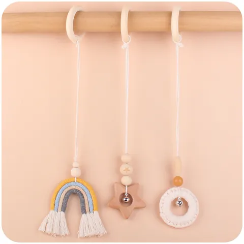 Pendentifs de Gymnastique pour Bébé Bois de Hêtre Corde de Coton Macramé Arc-en-ciel Étoile Hochet Jouets Suspendus Sensoriels Décoration