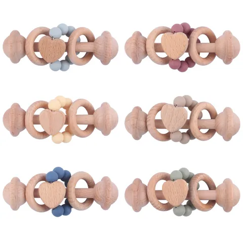 Beech Wood Silicone Beads Baby Teether Rattle Heart Shape Montessori Grasping Toy For Infant Newborn Gum Relief Sensory Development