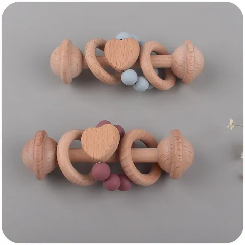 Beech Wood Silicone Beads Baby Teether Rattle Heart Shape Montessori Grasping Toy For Infant Newborn Gum Relief Sensory Development