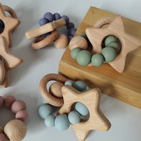 Baby Silicone Beech Wood Teether Cartoon Star Shape Teething Ring Bracelet For Infants 3 Months Plus Nordic Style Toy