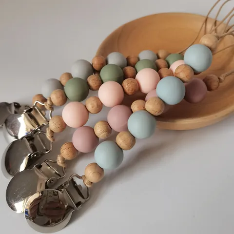 Silicone Beads Beech Wood Baby Pacifier Clip Morandi Color Infant Teether Chain Anti Drop Soother Holder Beaded Nursing Toy