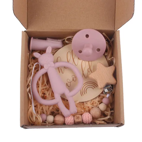 Baby Silicone Teether Wood Pacifier Chain Finger Toothbrush Pacifier Milestone Card Infants Newborn Shower Gift Collection