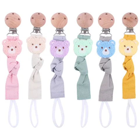 Sujetachupetes de Madera de Haya para Bebé Oso Dibujos Animados Ganchillo Algodón Lino Correa de Chupete Para Mordedor Soporte para Recién Nacido Accesorio de Cuidado