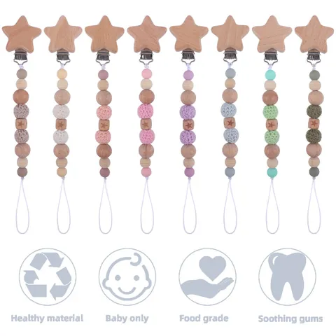 Baby Pacifier Clip Beech Wood Star Pattern Silicone Beads Soothing Teether Chain Handmade Crochet Infant Pacifier Holder