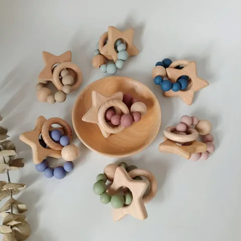 Baby Silicone Beech Wood Teether Cartoon Star Shape Teething Ring Bracelet For Infants 3 Months Plus Nordic Style Toy