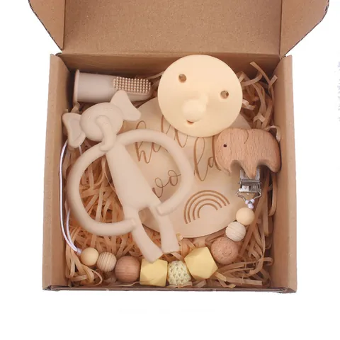 Baby Silicone Teether Wood Pacifier Chain Finger Toothbrush Pacifier Milestone Card Infants Newborn Shower Gift Collection