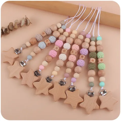 Baby Pacifier Clip Beech Wood Star Pattern Silicone Beads Soothing Teether Chain Handmade Crochet Infant Pacifier Holder