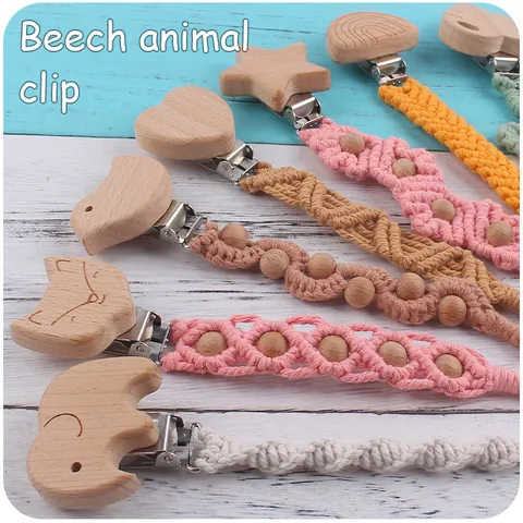 Attache-Tétine en Corde de Coton et Bois de Hêtre Fait à la Main pour Nourrissons Forme d'Animal Coeur Étoile Laisse de Support de Tétine Chaîne
