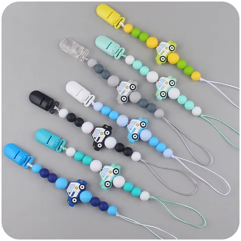 Silicone Baby Pacifier Clip Chain With Cartoon Police Car Shape Beads Teething Toy For Infants Anti-drop Pacifier Holder