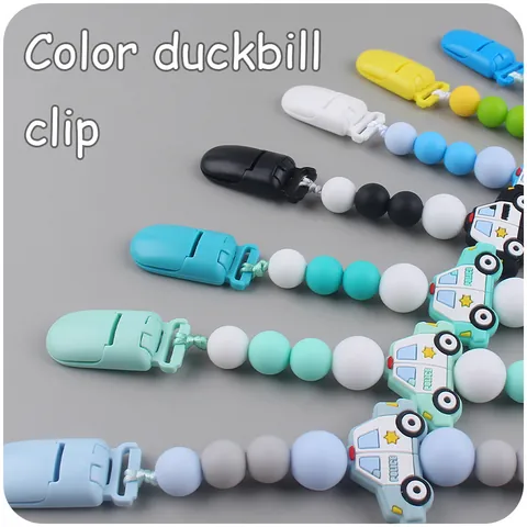 Silicone Baby Pacifier Clip Chain With Cartoon Police Car Shape Beads Teething Toy For Infants Anti-drop Pacifier Holder