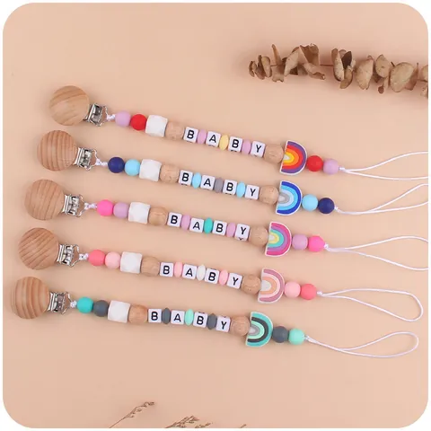 Cadena de Chupete de Silicona Arcoíris Para Bebé Dentición Cuentas Con Clip de Madera Letras BABY Accesorios Para Bebés