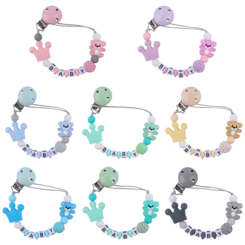 Silicone Pacifier Clip Chain For Baby Cartoon Bear Crown Alphabet Beads Binky Holder Strap Baby Teether Accessory