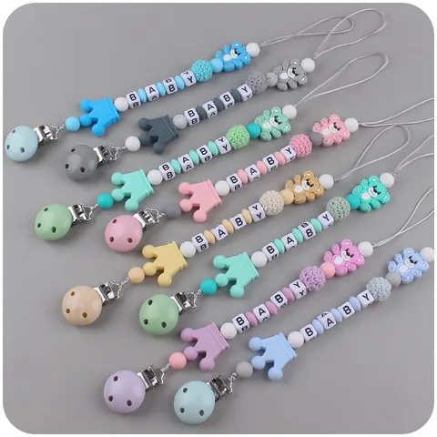 Silicone Pacifier Clip Chain For Baby Cartoon Bear Crown Alphabet Beads Binky Holder Strap Baby Teether Accessory