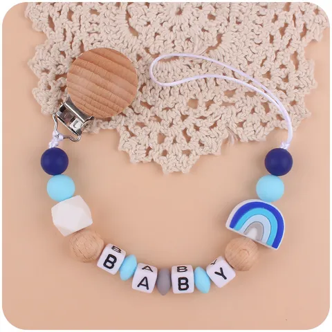 Cadena de Chupete de Silicona Arcoíris Para Bebé Dentición Cuentas Con Clip de Madera Letras BABY Accesorios Para Bebés