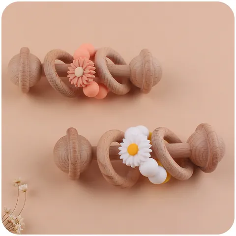 Baby Silicone Teether Beech Wood Rattle Toy Cartoon Daisy Flower Beads Sensory Development Grasping Toy For Infants Teething Relief