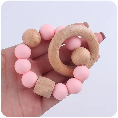 Silicone Beech Wood Baby Teether Bracelet Infant Teething Ring Rattle Toy For Newborn Grasping Training Soothing Natural Beads