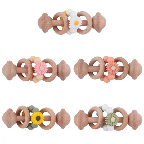 Baby Silicone Teether Beech Wood Rattle Toy Cartoon Daisy Flower Beads Sensory Development Grasping Toy For Infants Teething Relief