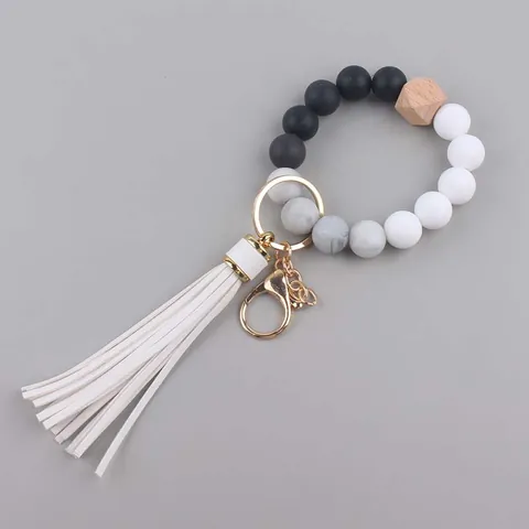 Silicone Beaded Wristlet Keychain With PU Leather Tassel And Wood Bead Elastic Wrist Strap Key Ring For Women Gift