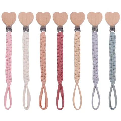 Handmade Cotton Woven Baby Pacifier Clip Heart Beech Wood Holder For Infants Newborn Teether Strap Anti-Drop Chain Gift