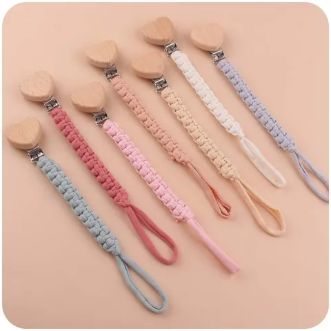 Handmade Cotton Woven Baby Pacifier Clip Heart Beech Wood Holder For Infants Newborn Teether Strap Anti-Drop Chain Gift