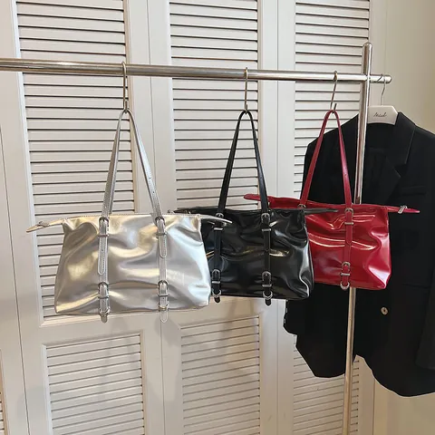 Women Large Capacity Shiny Metallic PU Leather Tote Bag Commute Shoulder Bag With Belt Buckles Fashion Solid Color Travel Bag