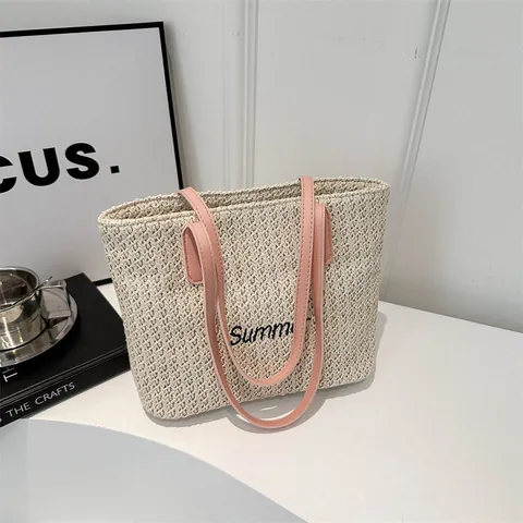 Dames Zomer Stro Geweven Draagtas Casual Strand Schoudertas Met Letter Borduursel Grote Capaciteit Reistas