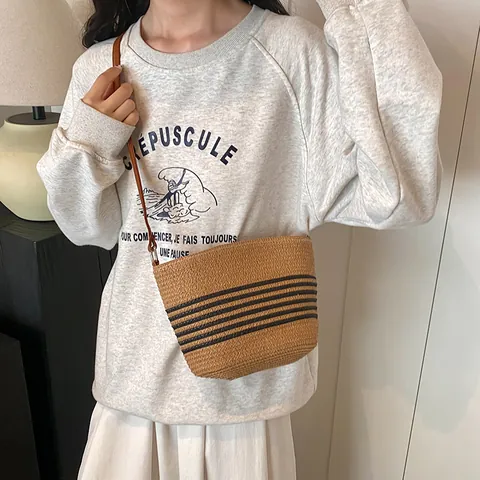 Damen Sommer Stroh Gewebt Streifen Umhängetasche Mit PU Lederband Lässige Strand Urlaub Eimer Schultertasche Handtasche