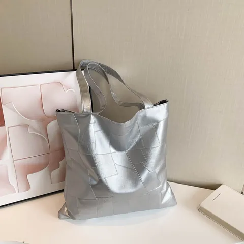 Large Capacity PU Leather Tote Bag Women Minimalist Geometric Patchwork Shoulder Bag Daily Commuting Handbag