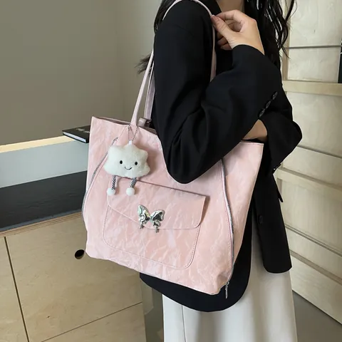 Borsa Tote da Donna in Pelle PU Plicsettata Fibbia a Farfalla Ciondolo Nuvola Grande Capacità Borsa a Spalla Casual Pendolare