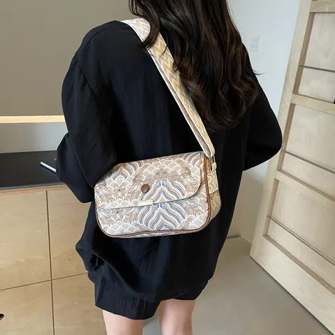 Borsa a Tracolla da Donna in Nuovo Stile Cinese con Ricamo a Onde Vintage Tessuto Jacquard Grande Capacità Tracolla Larga Borsa Etnica alla Moda