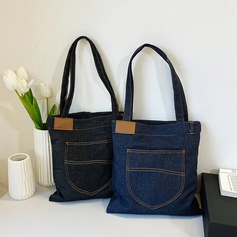 Sac Fourre-tout en Denim Décontracté pour Femmes Grande Capacité Sac à Épaule Vintage Avec Surpiqûres Contrastées Noir Bleu