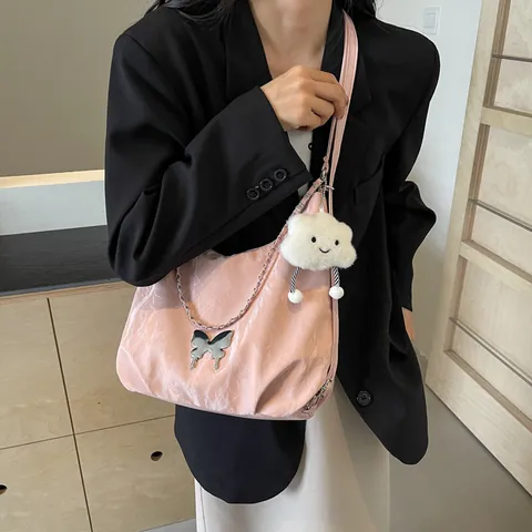 Women Large Capacity PU Leather Tote Bag Pleated Texture Shoulder Bag Butterfly Charm Cloud Pendant Fashion Casual Handbag