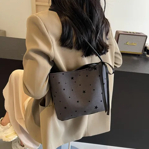Borsa a Tracolla da Donna in Tessuto a Spina di Pesce Con Decorazione a Fiocco Pois Stella Cuore Stampa Tote Bag