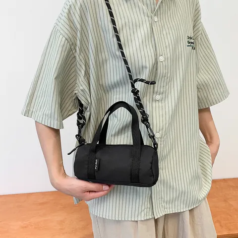 Women Mini Nylon Cylinder Crossbody Bag Small Handbag Adjustable Braided Rope Shoulder Strap Street Outdoor Barrel Bag